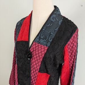 Parsley & Sage Patchwork Jacket M Red Black Cardigan Indie Artsy Embroidered